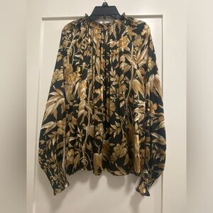 Long-sleeve blouse, black and gold floral pattern, ruffle detail, size 10